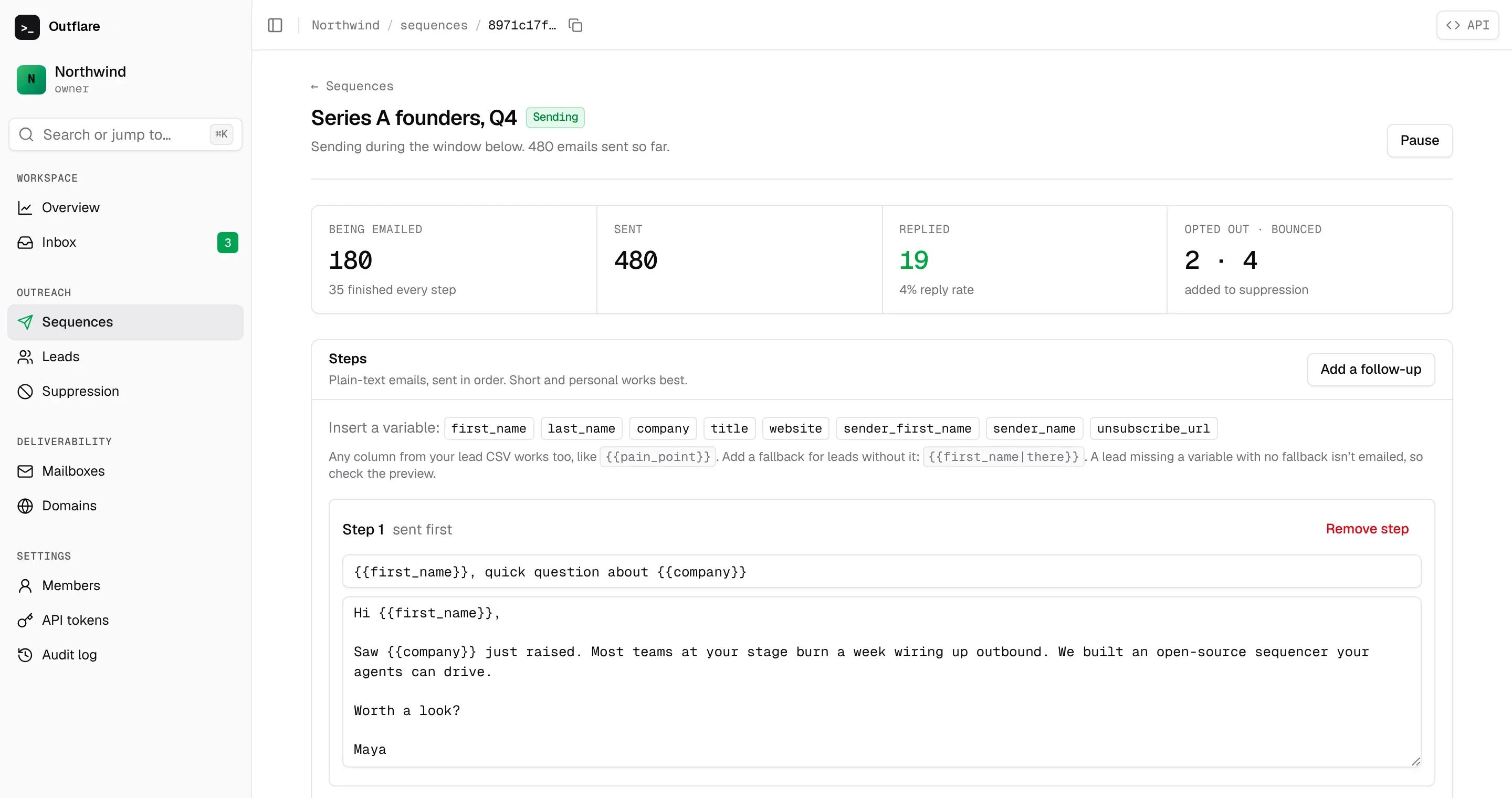A sequence: leads being emailed, sends, replies and opt-outs, and its steps with template variables