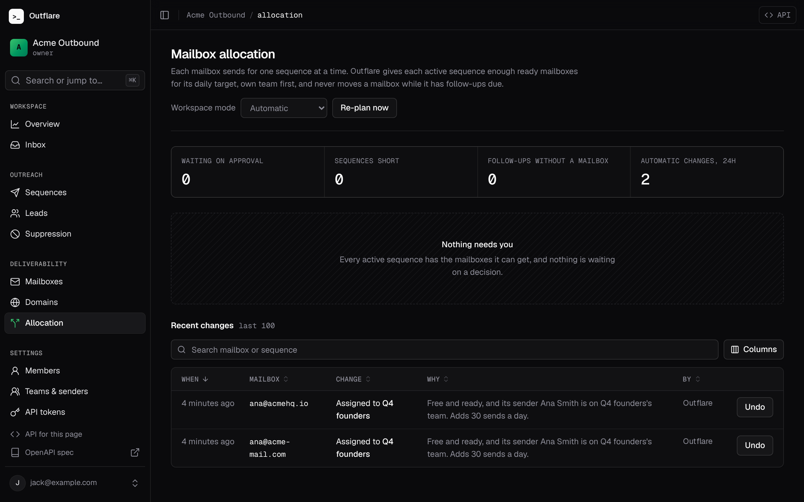 The Allocation page: approvals, shortages and follow-ups without a mailbox, then every recent change with Undo