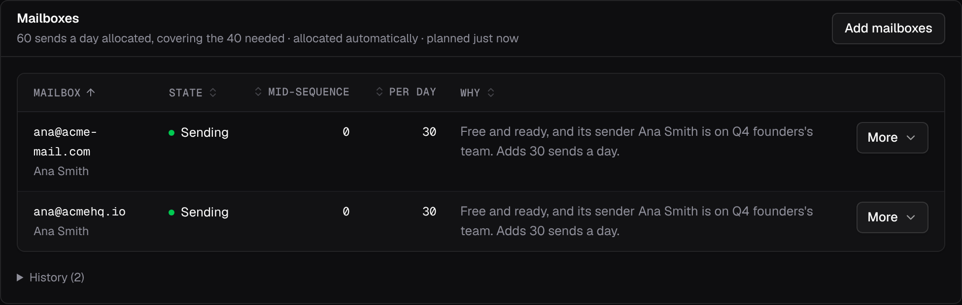 A sequence’s Mailboxes card: two mailboxes sending, each with the reason it was chosen