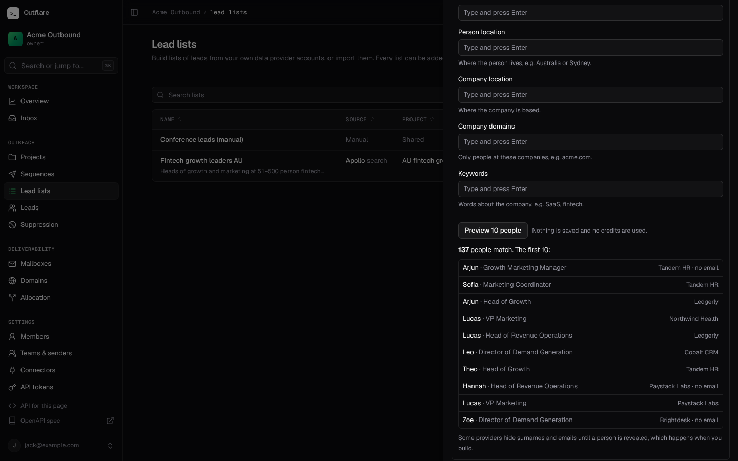 A new list: the search, a free preview of ten people, then the email waterfall and guard rails