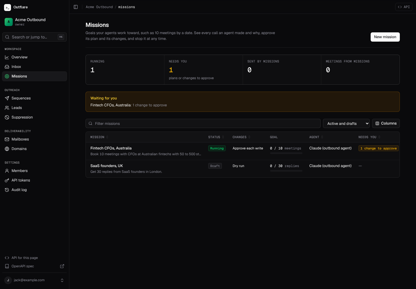 The Missions list: status, how changes run, progress toward the goal, and what needs you