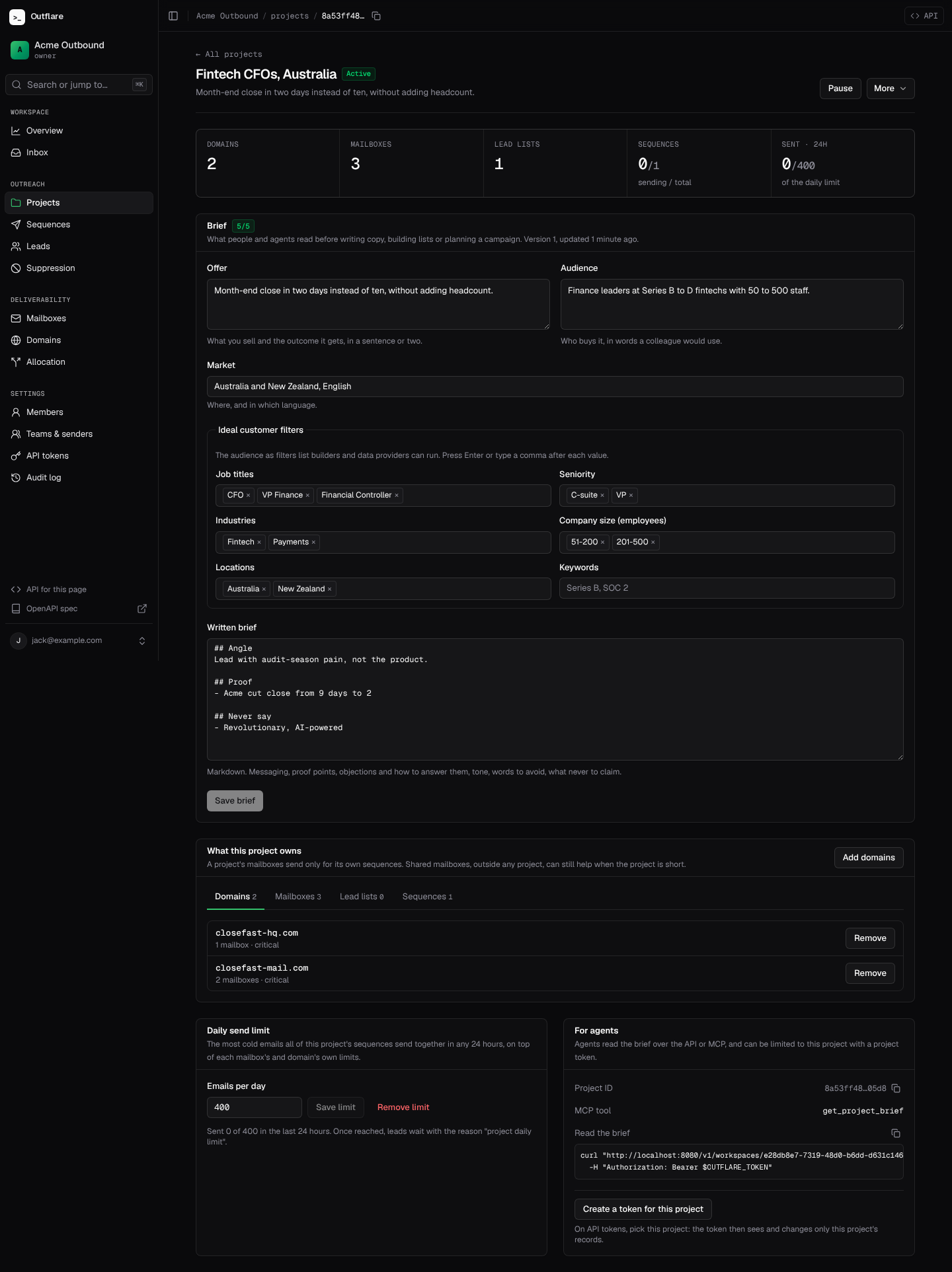 A project: pause and limit, the brief, what it owns, and how agents connect